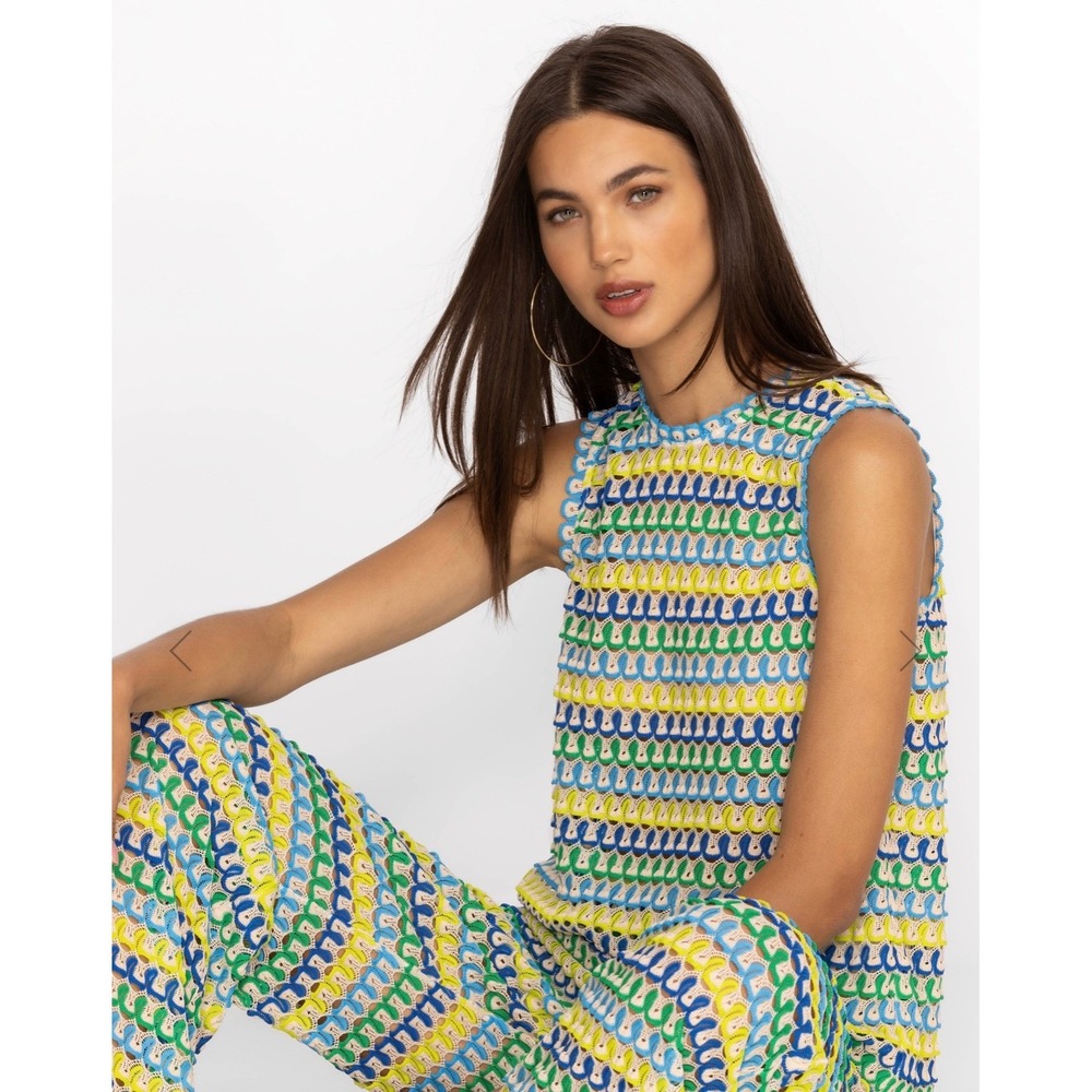 Johnny Was Jade Nili Crochet Knit Tank Top Blue Green Yellow Stripe Medium